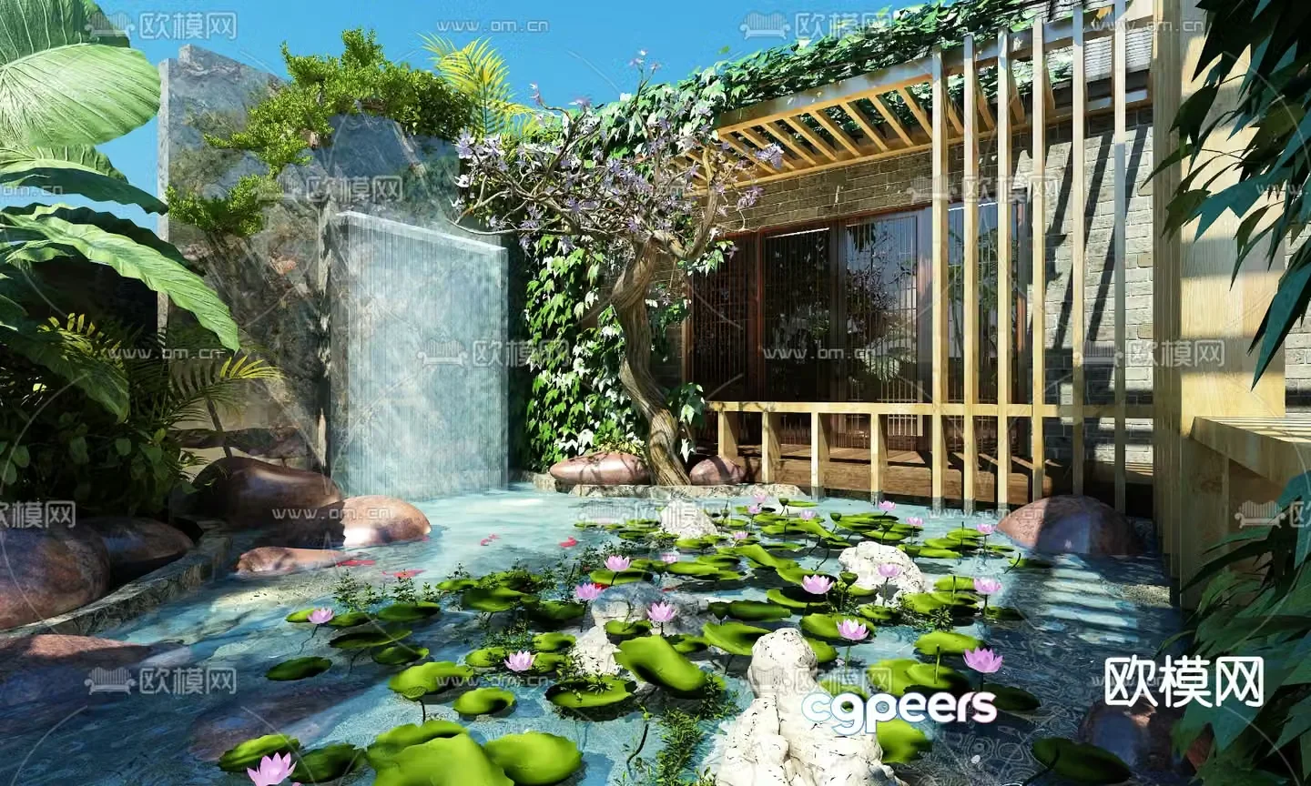 Rooftop garden landscape pool anticorrosive wood corridor 3D model