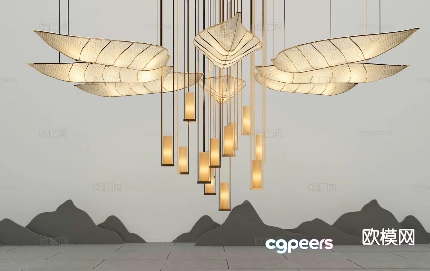 New Chinese style decorative lamp lobby chandelier 3d model