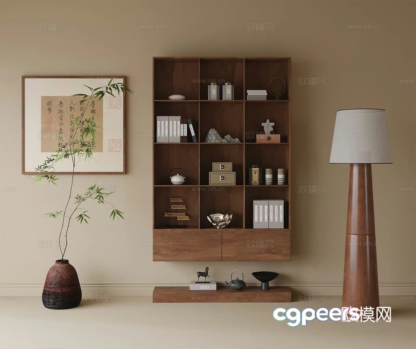 Middle-aged style decoration cabinet floor lamp tea room cabinet tea cabinet potted plant green plant 3D model