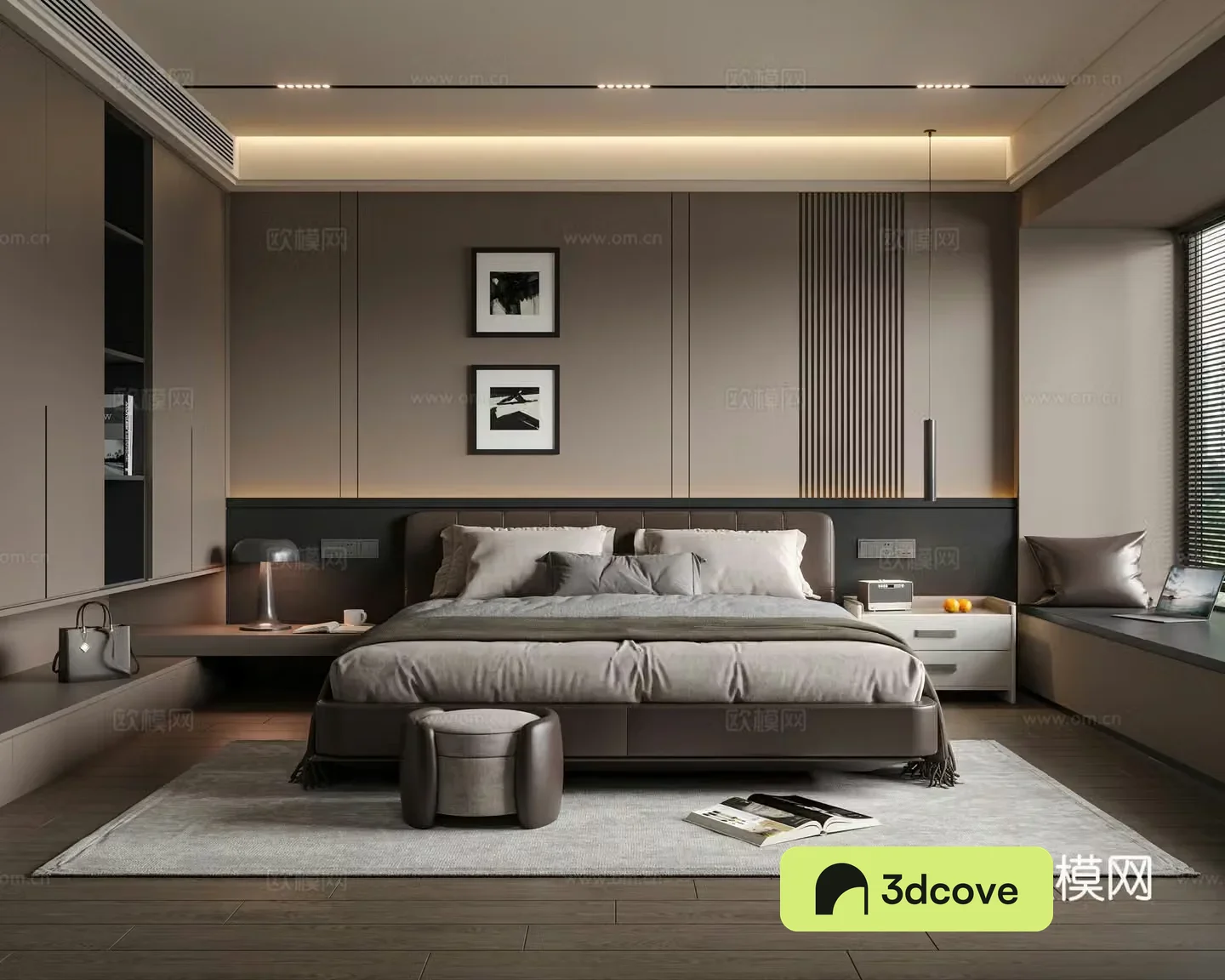Modern Italian bedroom Master bedroom Double bed Wardrobe Bedside table Carpet Hanging paintings Jewelry