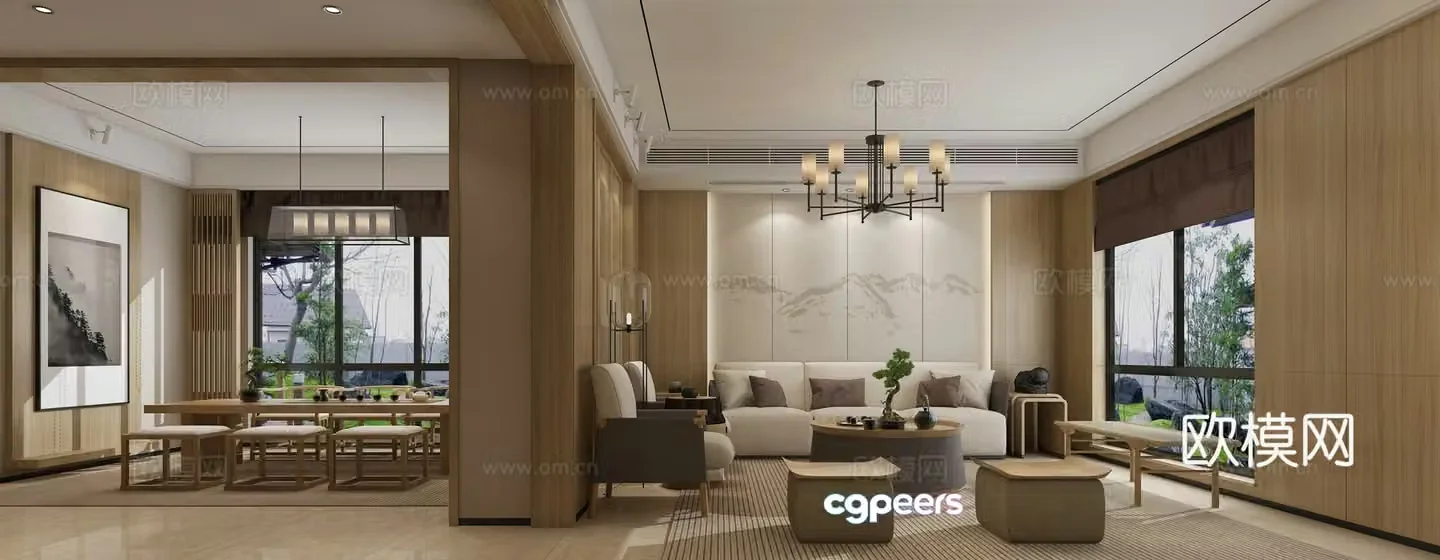 New Chinese style living room and dining room chandeliers hanging paintings sofa coffee table dining table chair stairs 3d model