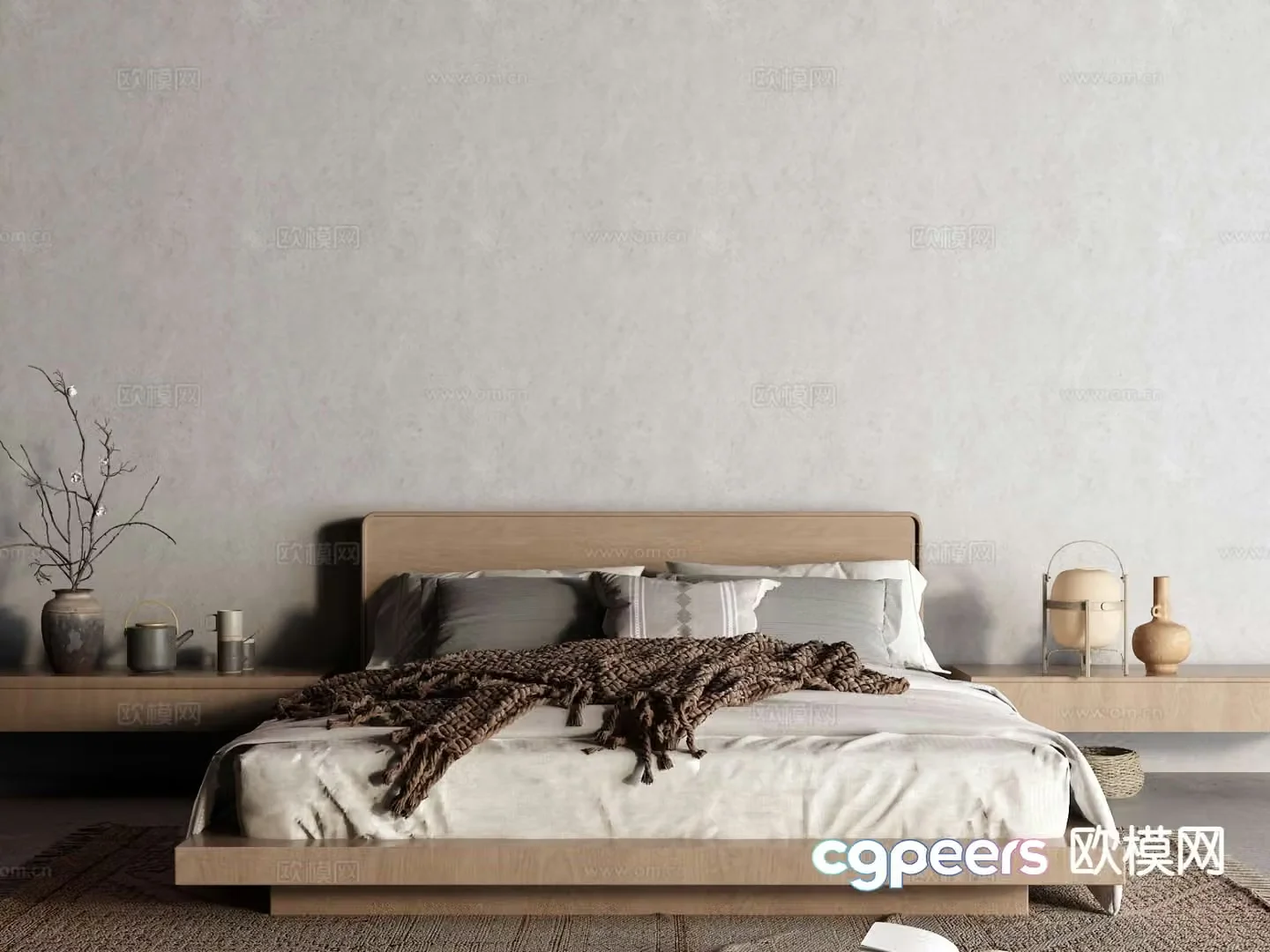 Wabi-sabi style double bed 3d model