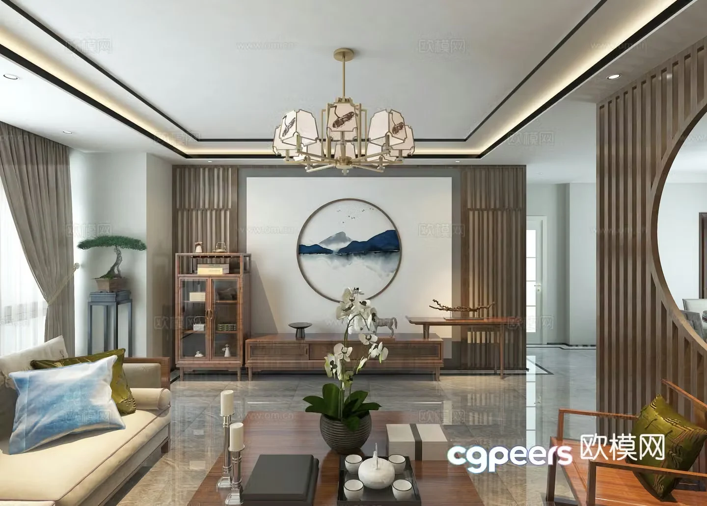 New Chinese style living room sofa coffee table chandeliers TV cabinet side cabinet 3d model