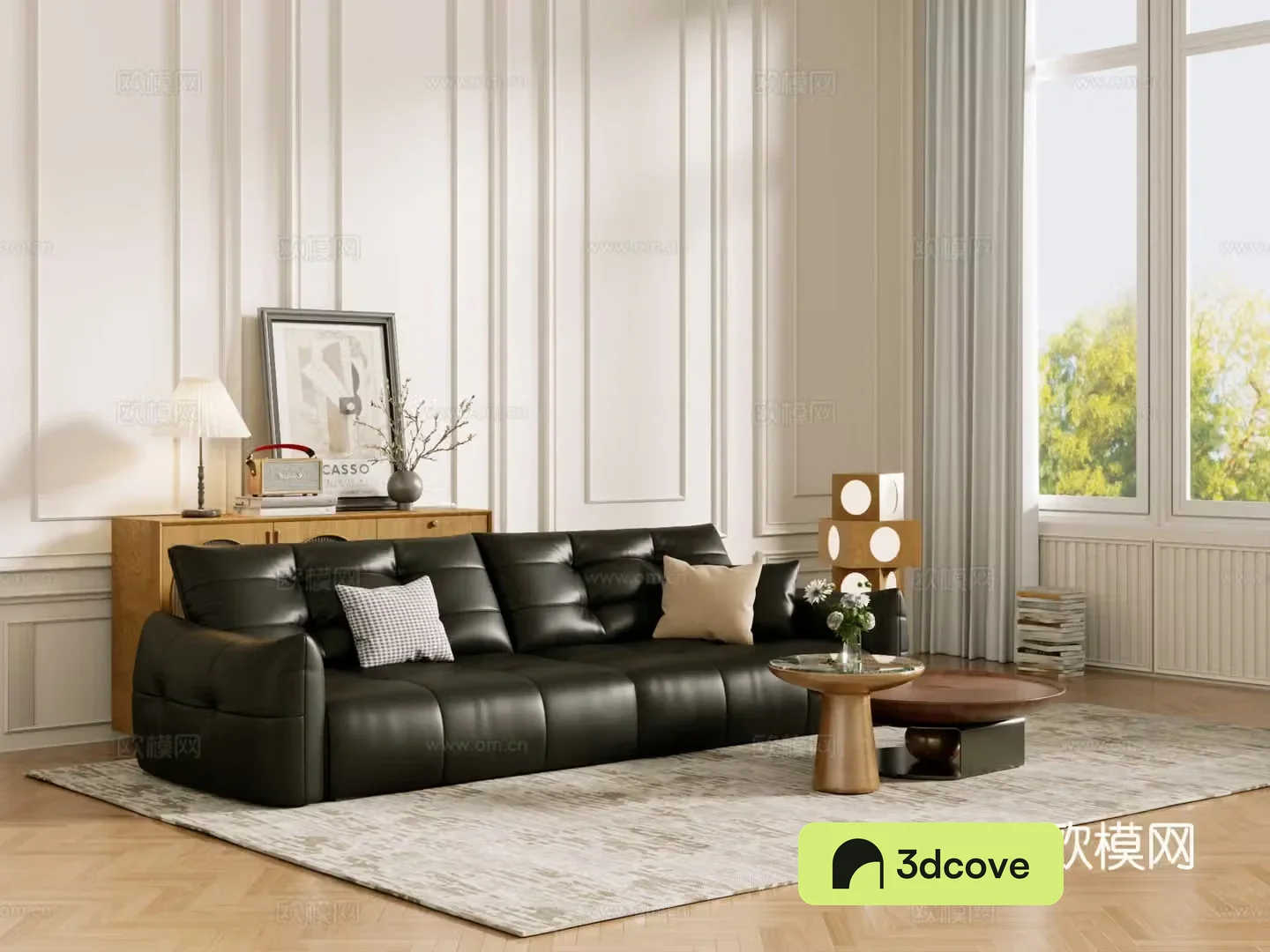 Middle-aged sofa combination coffee table carpet multi-person sofa 3D model