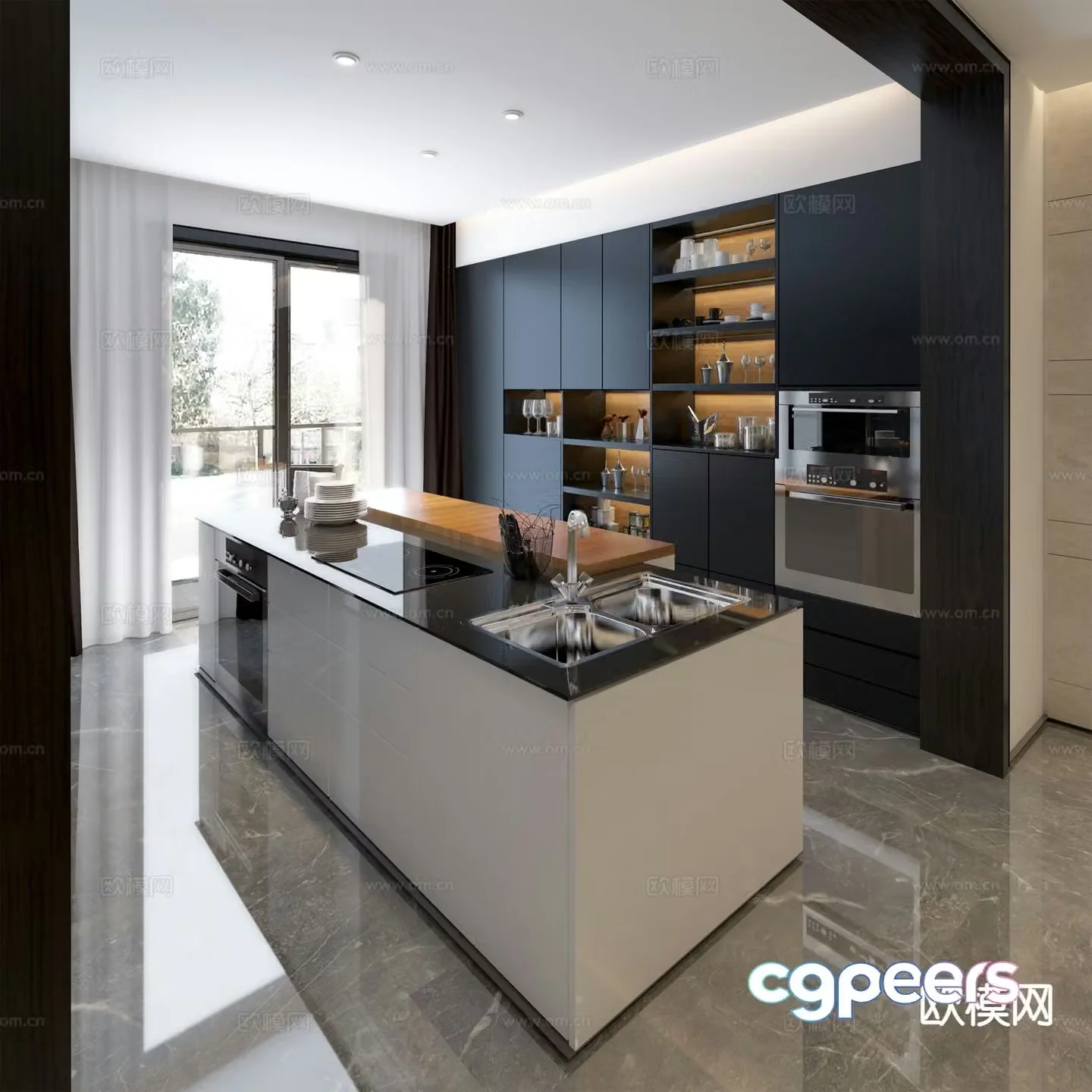 Modern island kitchen 3d model