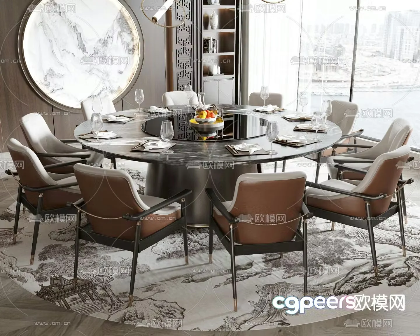 New Chinese style dining table and chairs round dining table 3d model