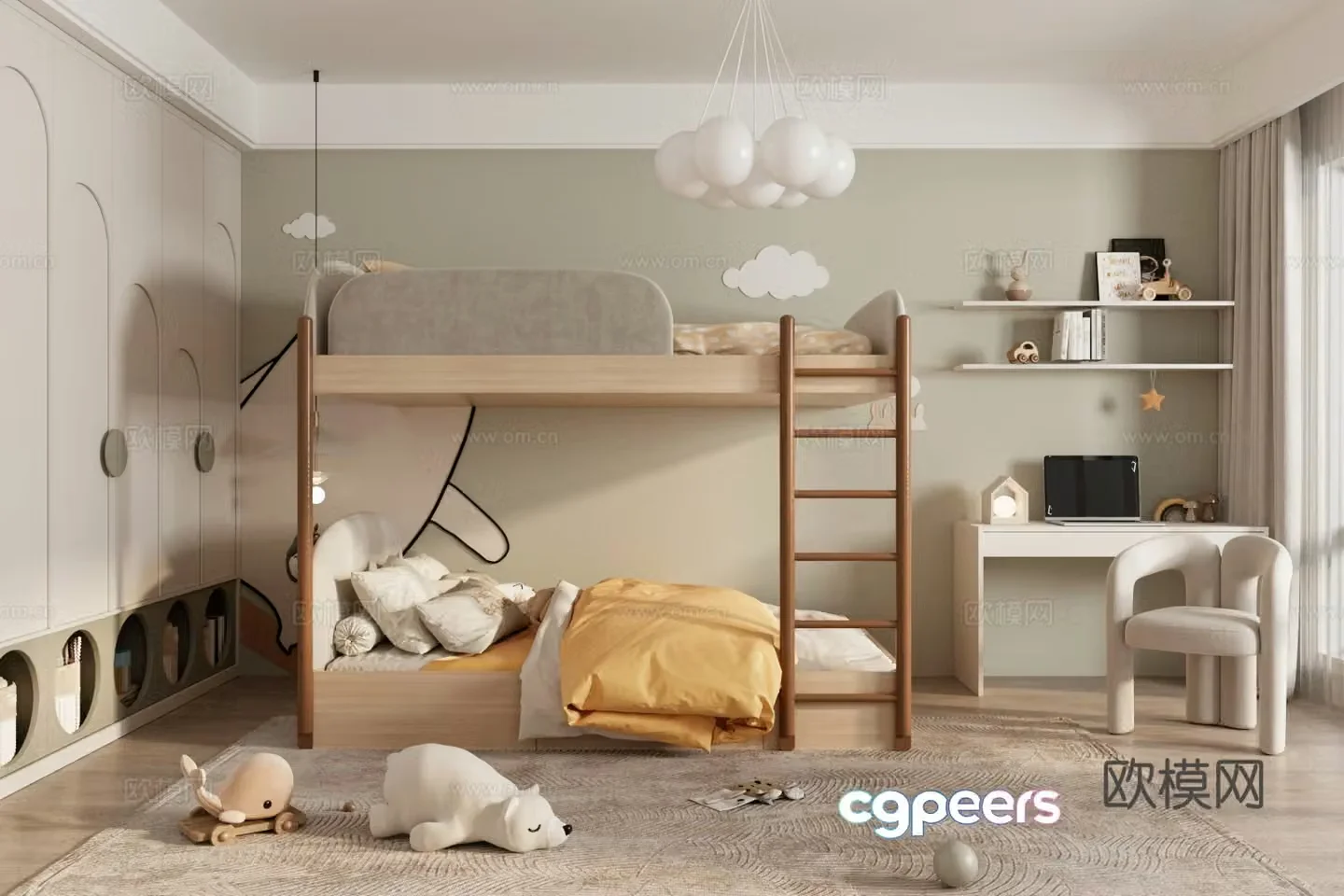 Modern universal children’s room Children’s room Bed and bottom bed Study table and chair combination Storage rack 3D model