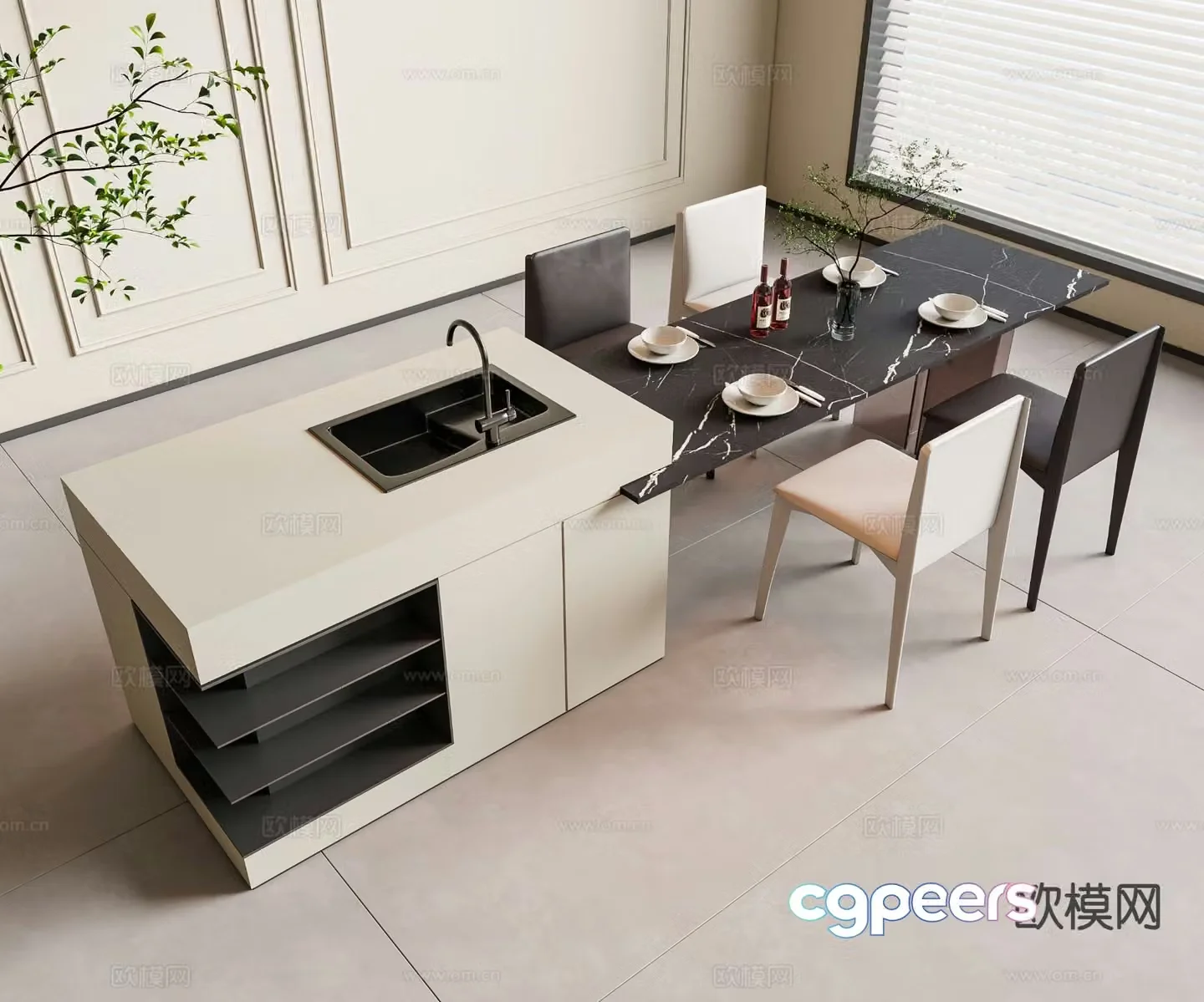 Modern island table dining table and chairs 3d model
