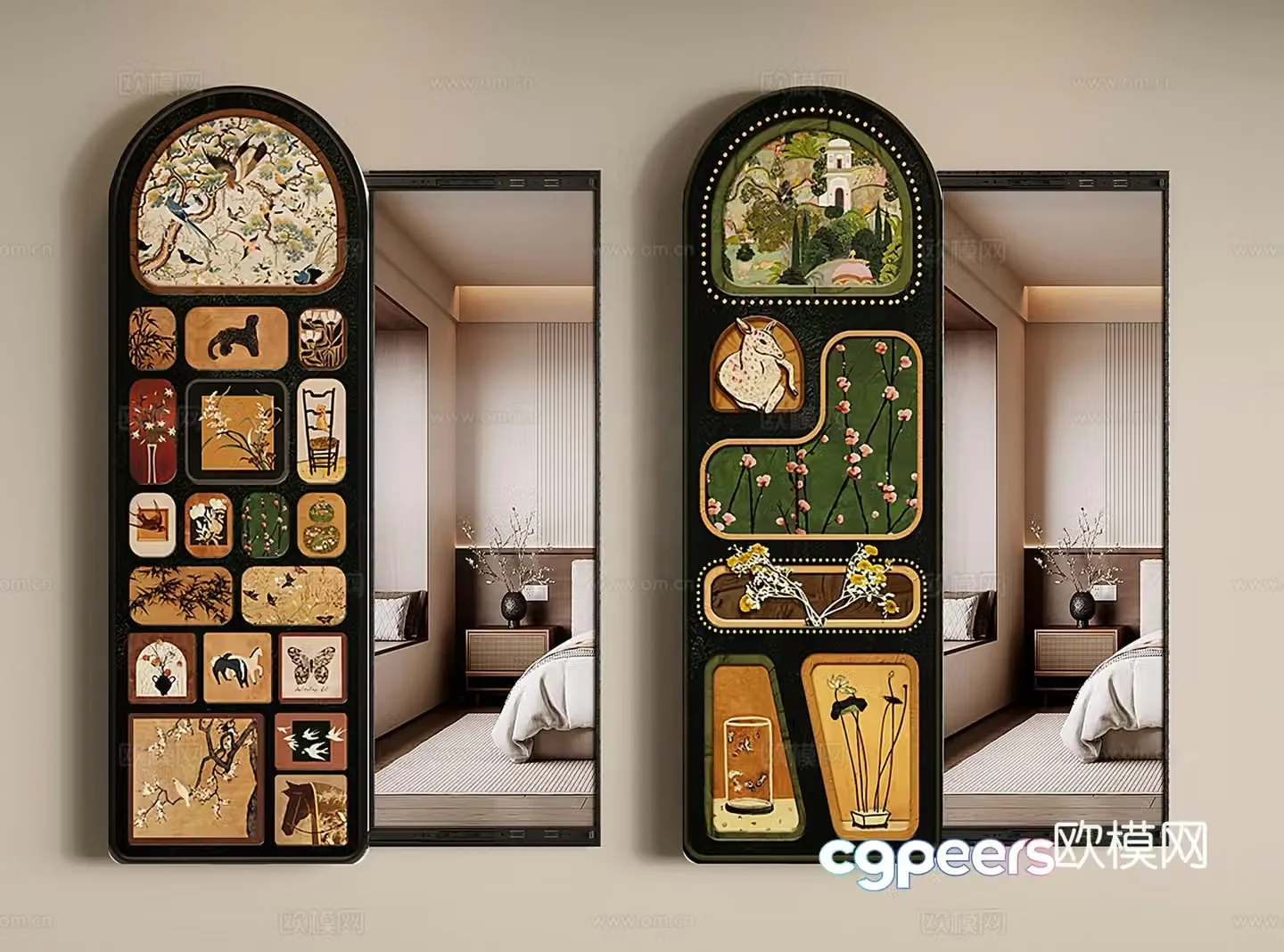 Middle age push and pull mirror Retro hidden dressing mirror Entrance mirror 3D model