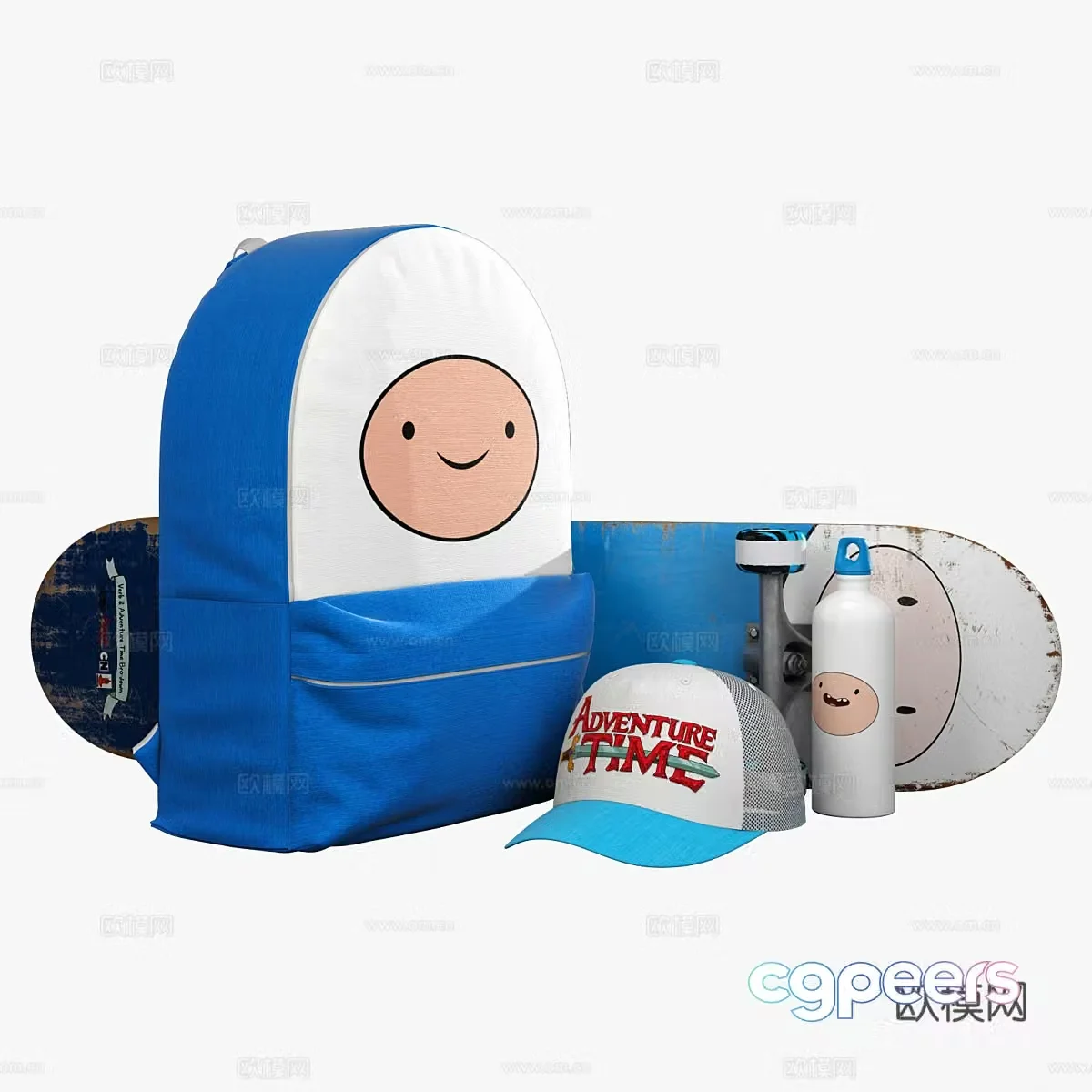 Skateboard Backpack Skating Baseball Cap Water Bottle 3D Model