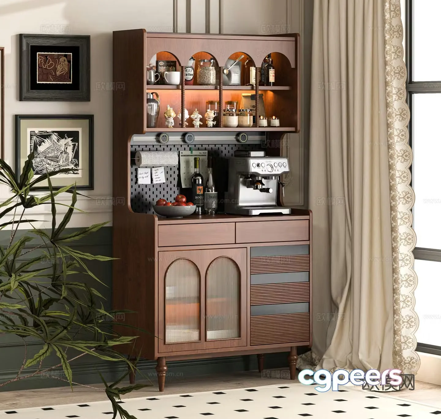Middle -aged Wind Counter Cabinet 3D Model