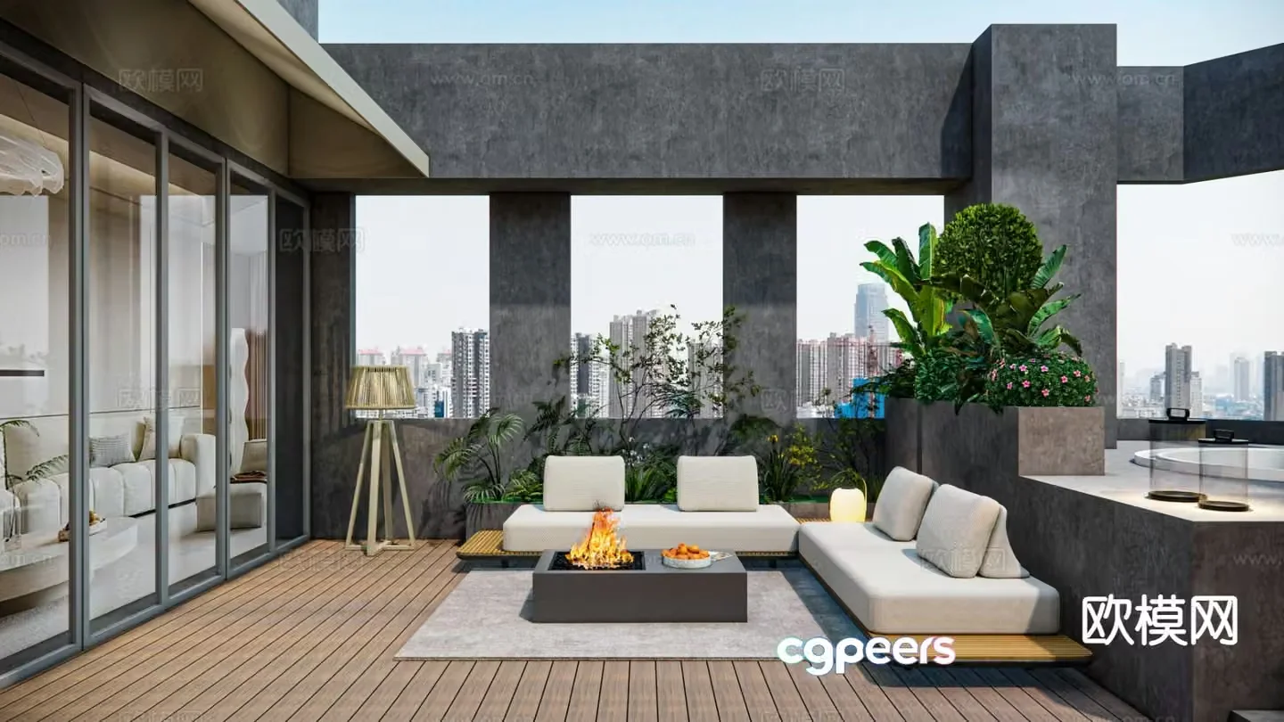 Modern roof garden terrace landscape 3d model