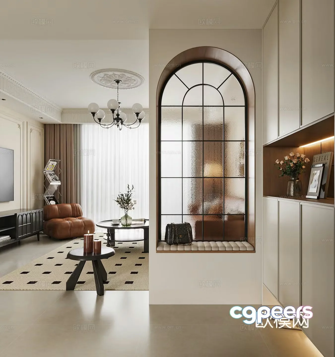 French foyer porch retro glass partition French foyer background foyer partition door shoe cabinet 3D model