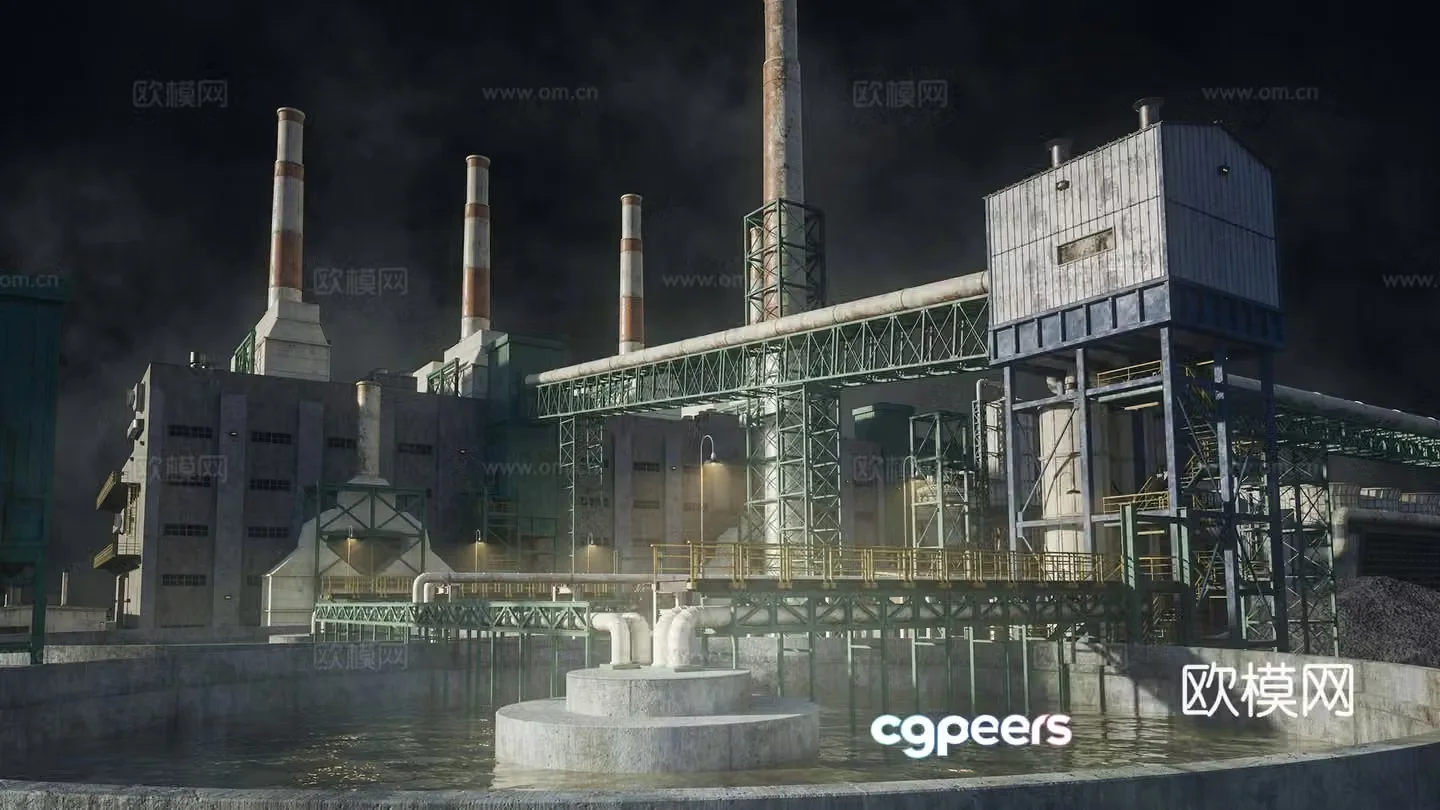 Modern smelting factory factory sewage chimney industrial zone factory building industrial building combination smelting 3D model