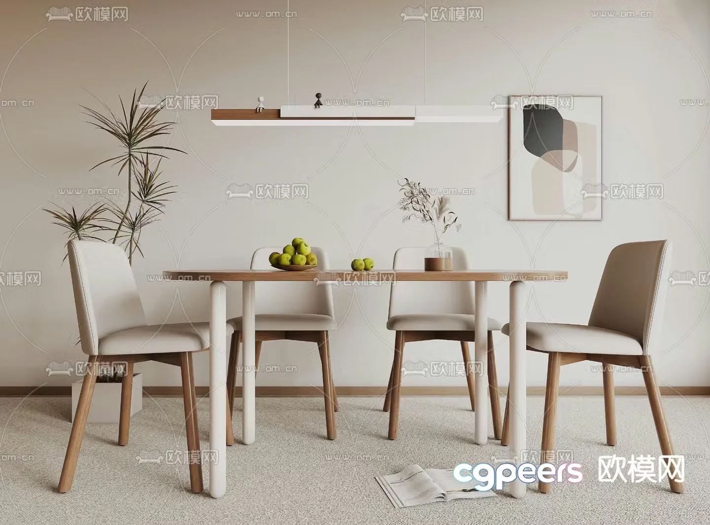 Cream style dining table and chairs log dining table 3d model
