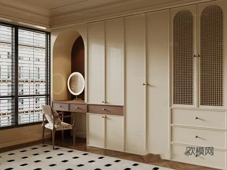 Modern Cream-Colored Room With A Dressing Table And Mirror 3D Model – 17623 – VRAY Render