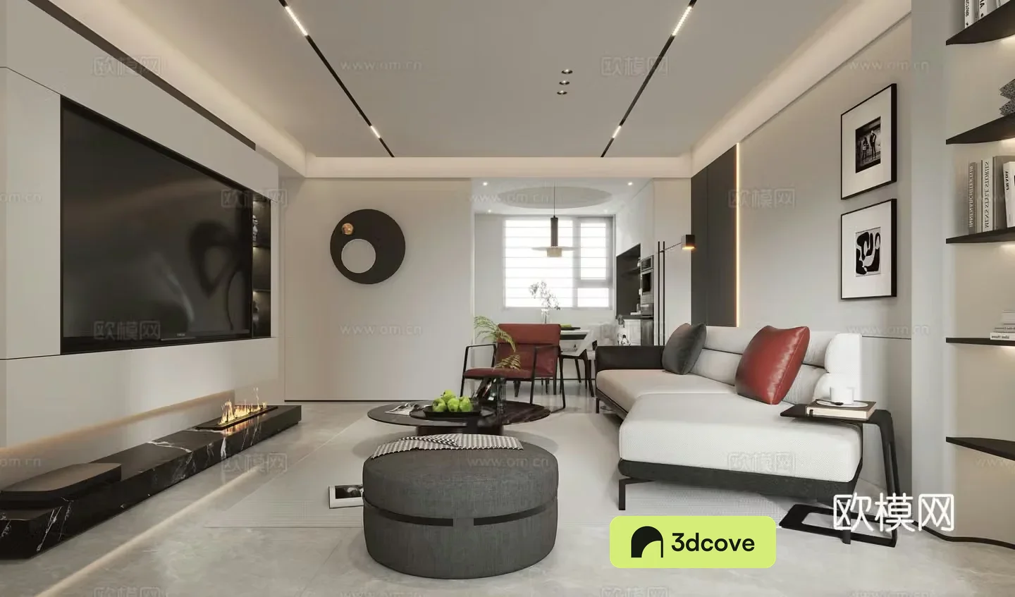 Modern 3D model of living and dining