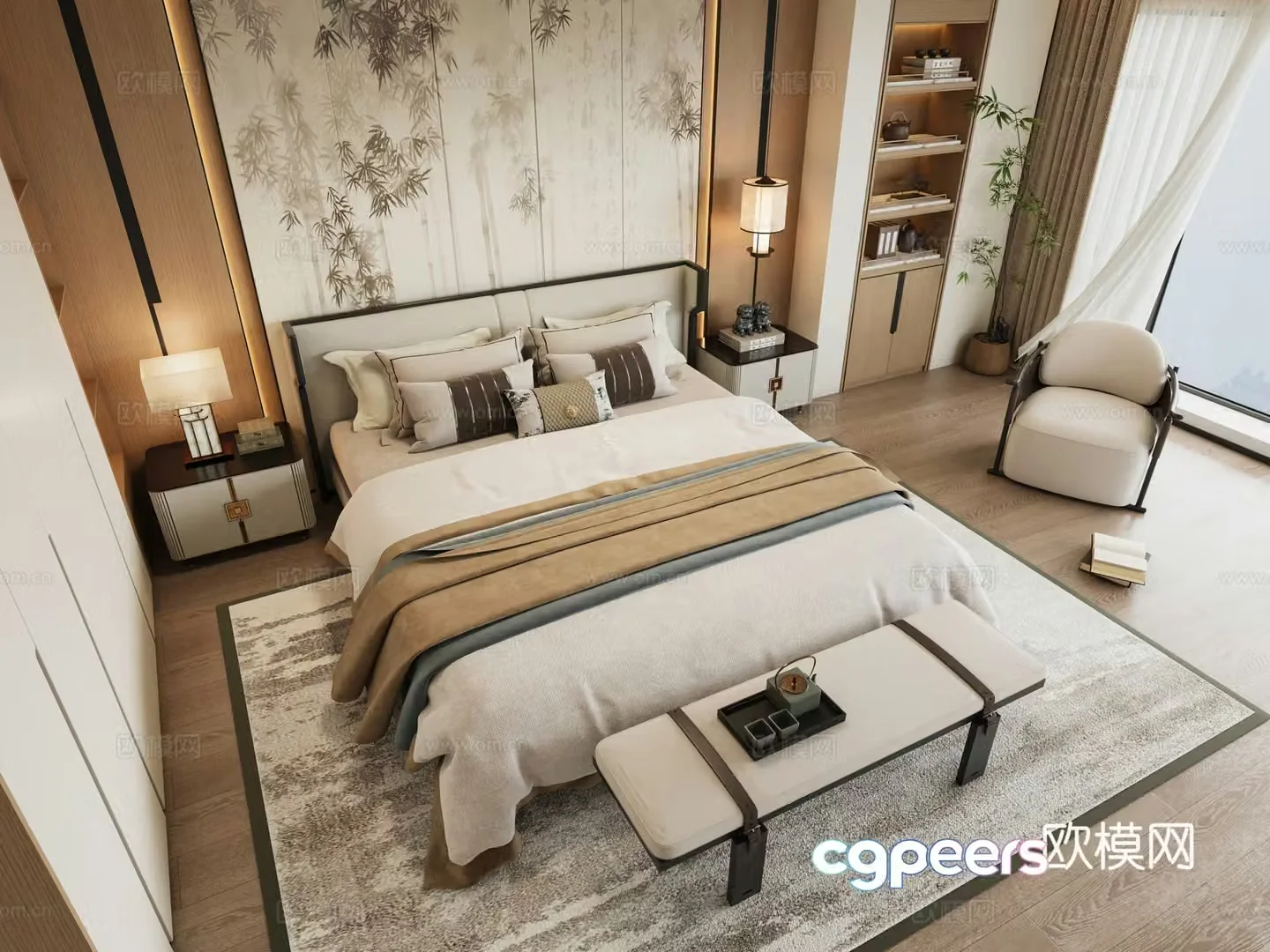 New Chinese style double bed 3d model