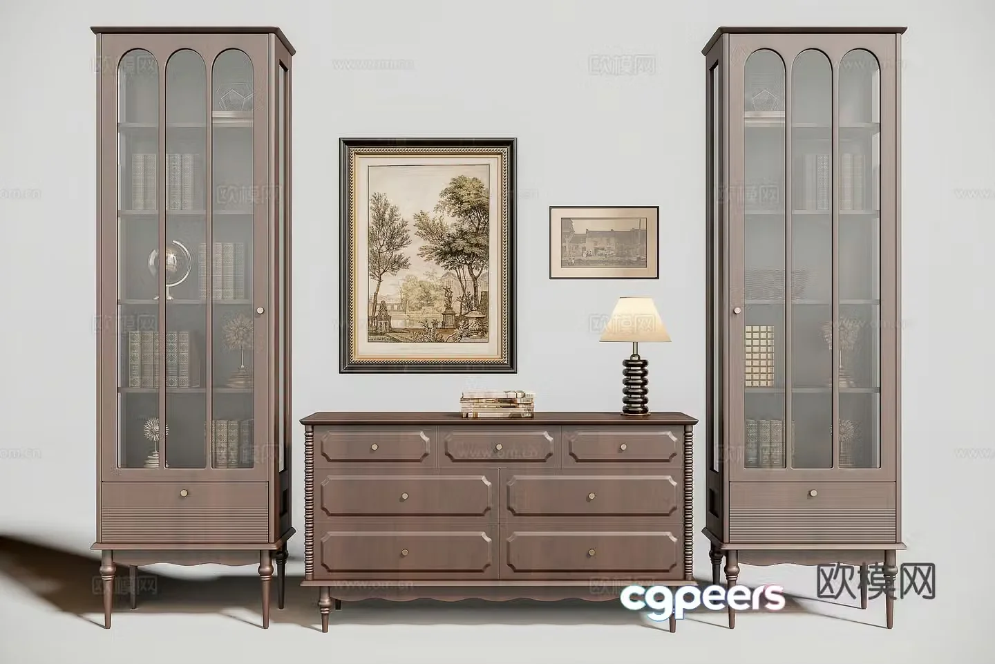 American finished solid wood bookcase chest of drawers 3D model