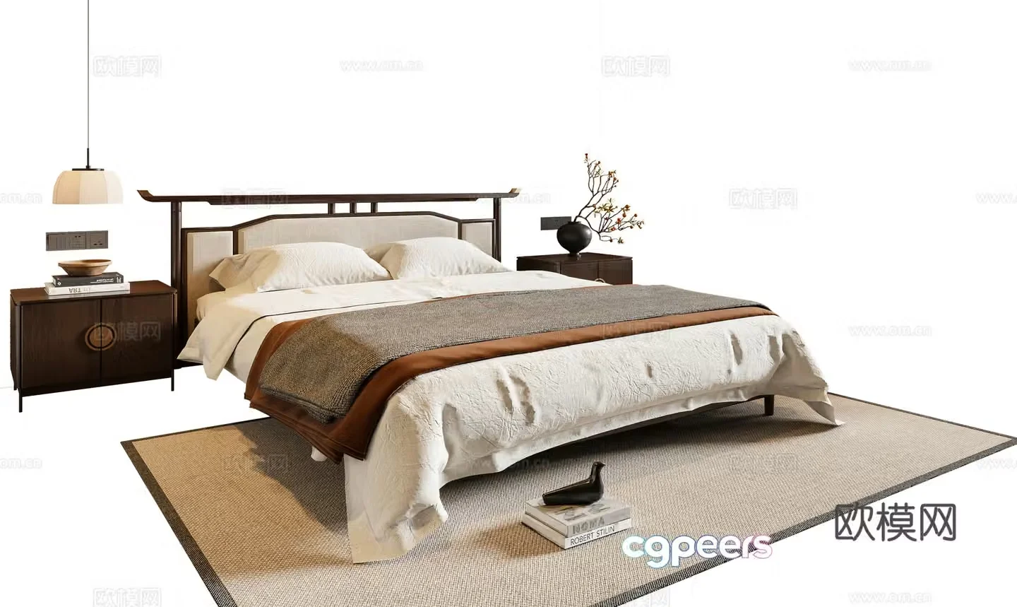 New Chinese style double bed solid wood bed nightstand chandeliers carpet 3D model