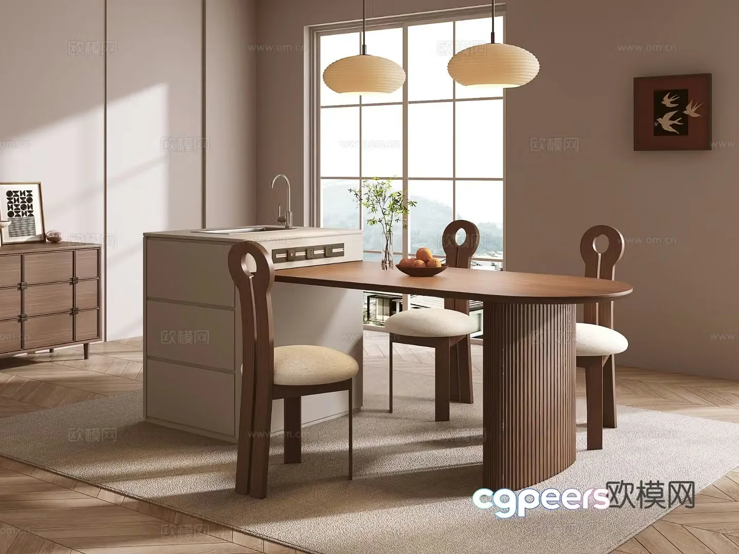 Medieval style island dining table and chairs 3D model