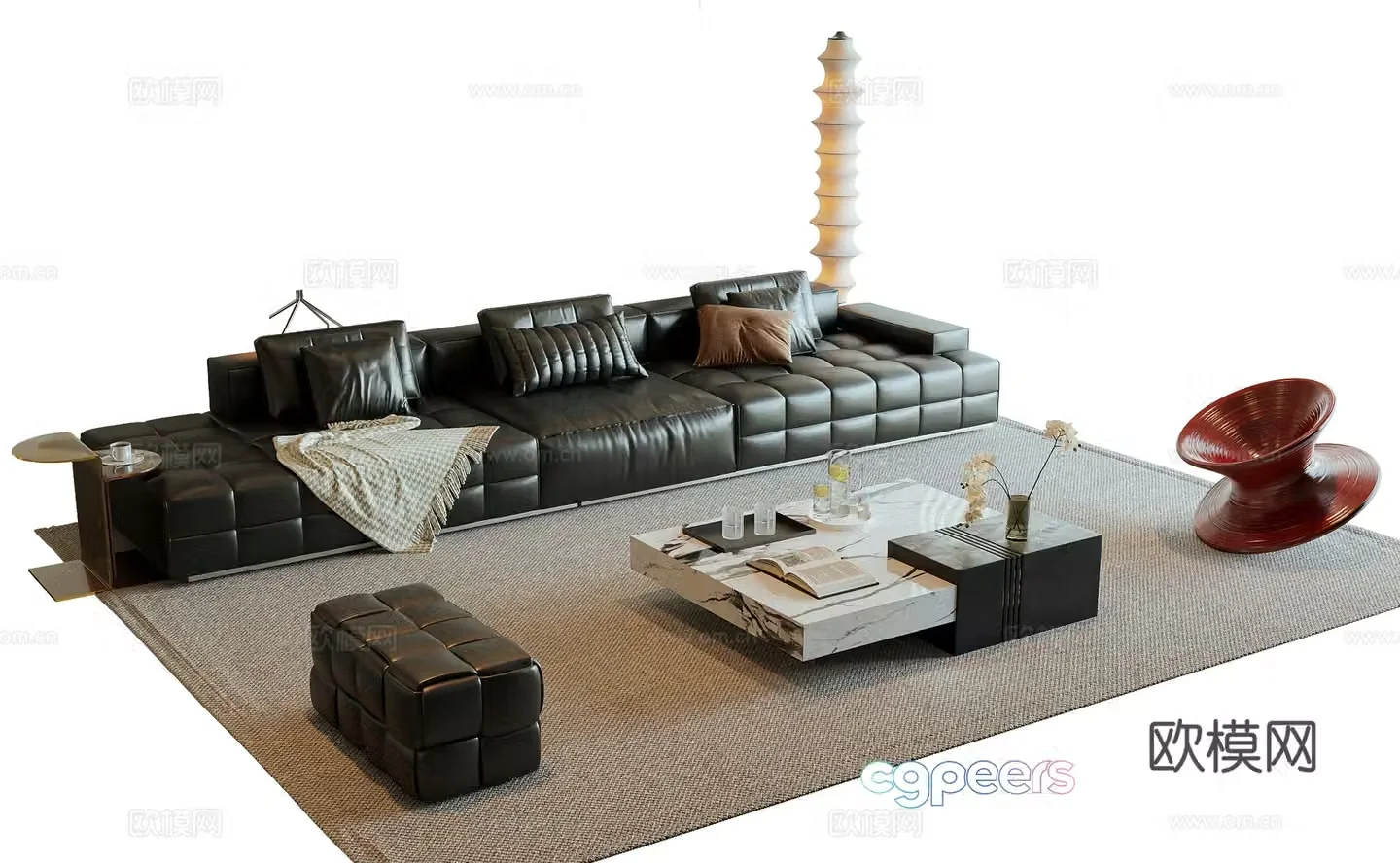 Modern Italian sofa coffee table combination Lawrence sofa leather three-person sofa marble coffee table 3D model
