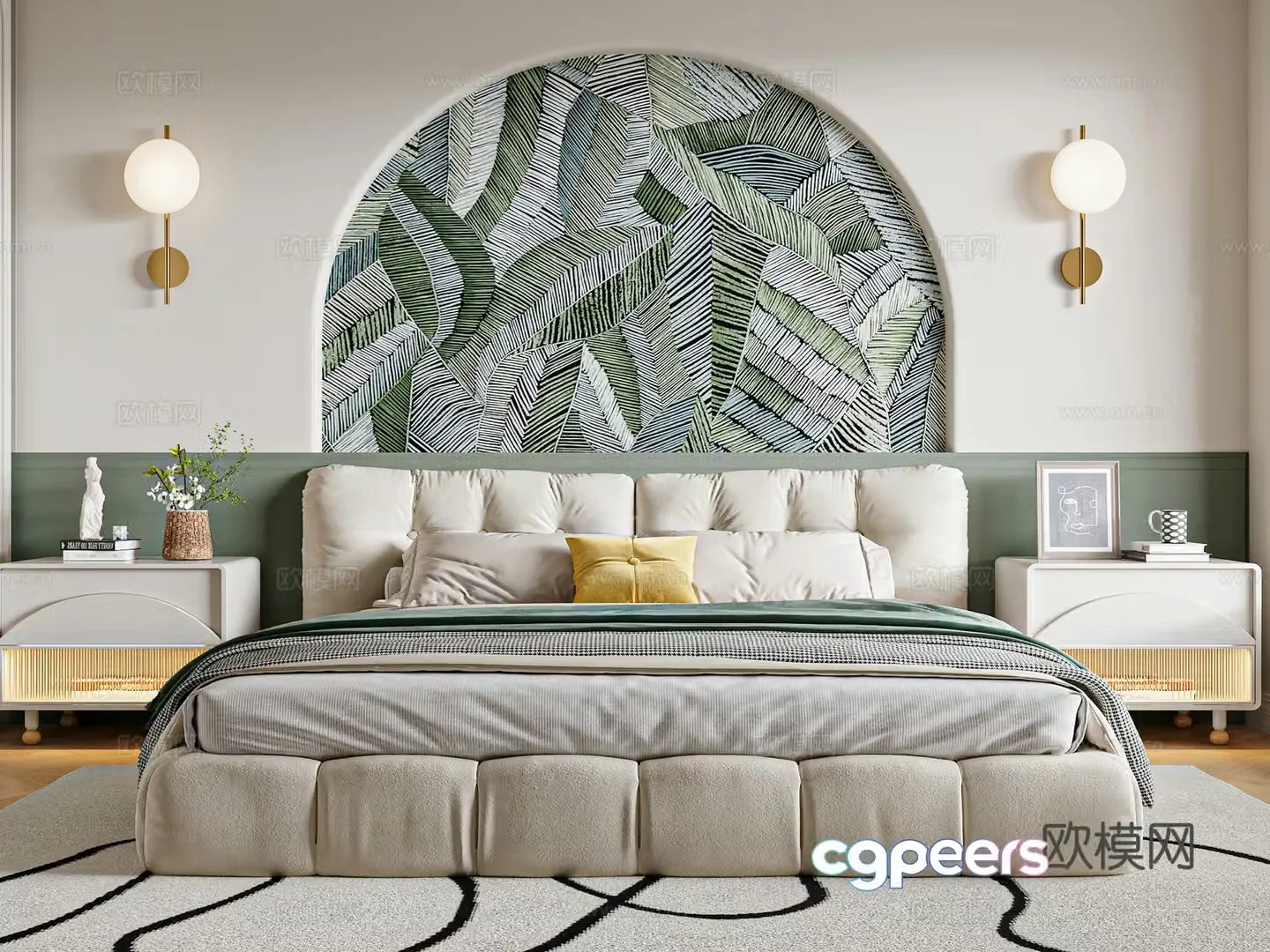 French double bed nightstand 3d model