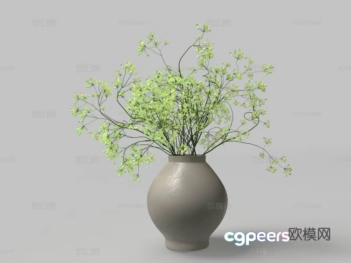 Chinese pottery vase green plants flowers 3D model