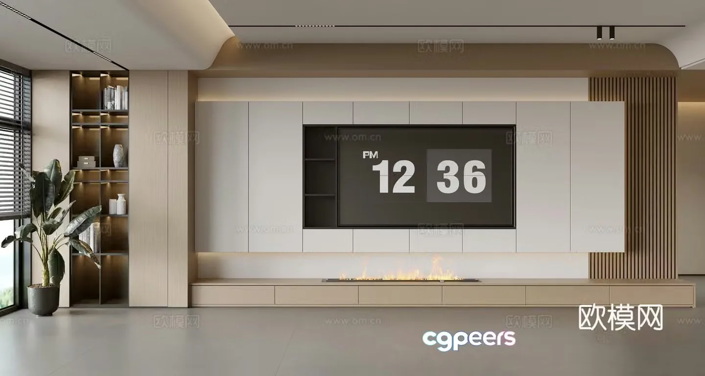 Modern TV background wall modern ornament balcony cabinet living room cabinet wood veneer background wall 3d model