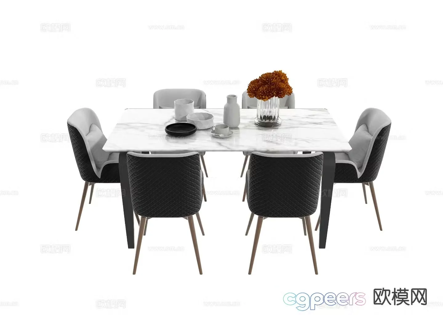Modern long dining table and chairs 3d model