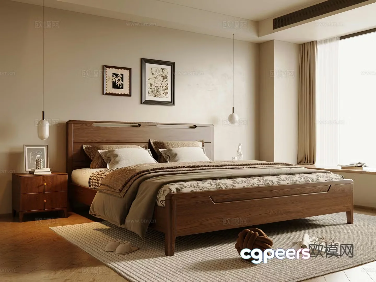 Middle style bedroom solid wood double bed master bedroom bed nightstand bedroom without master lamp decorative painting 3D model