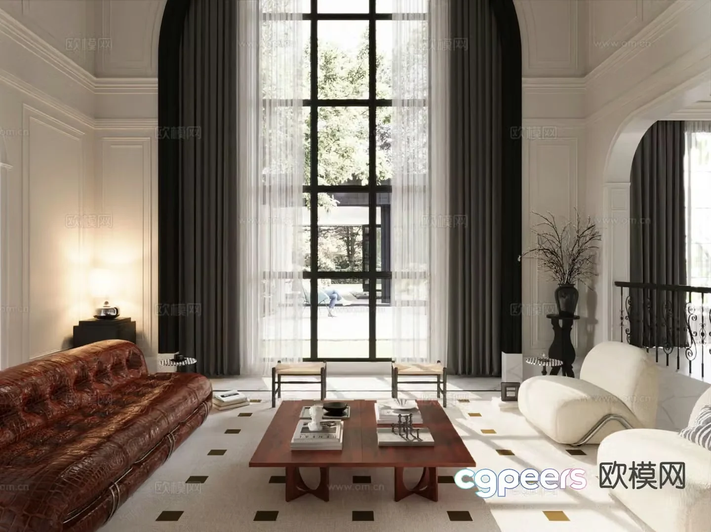 3D model of living room in simple European villa