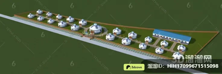 A 3D Rendering Of A White Building Complex With A Blue Roof