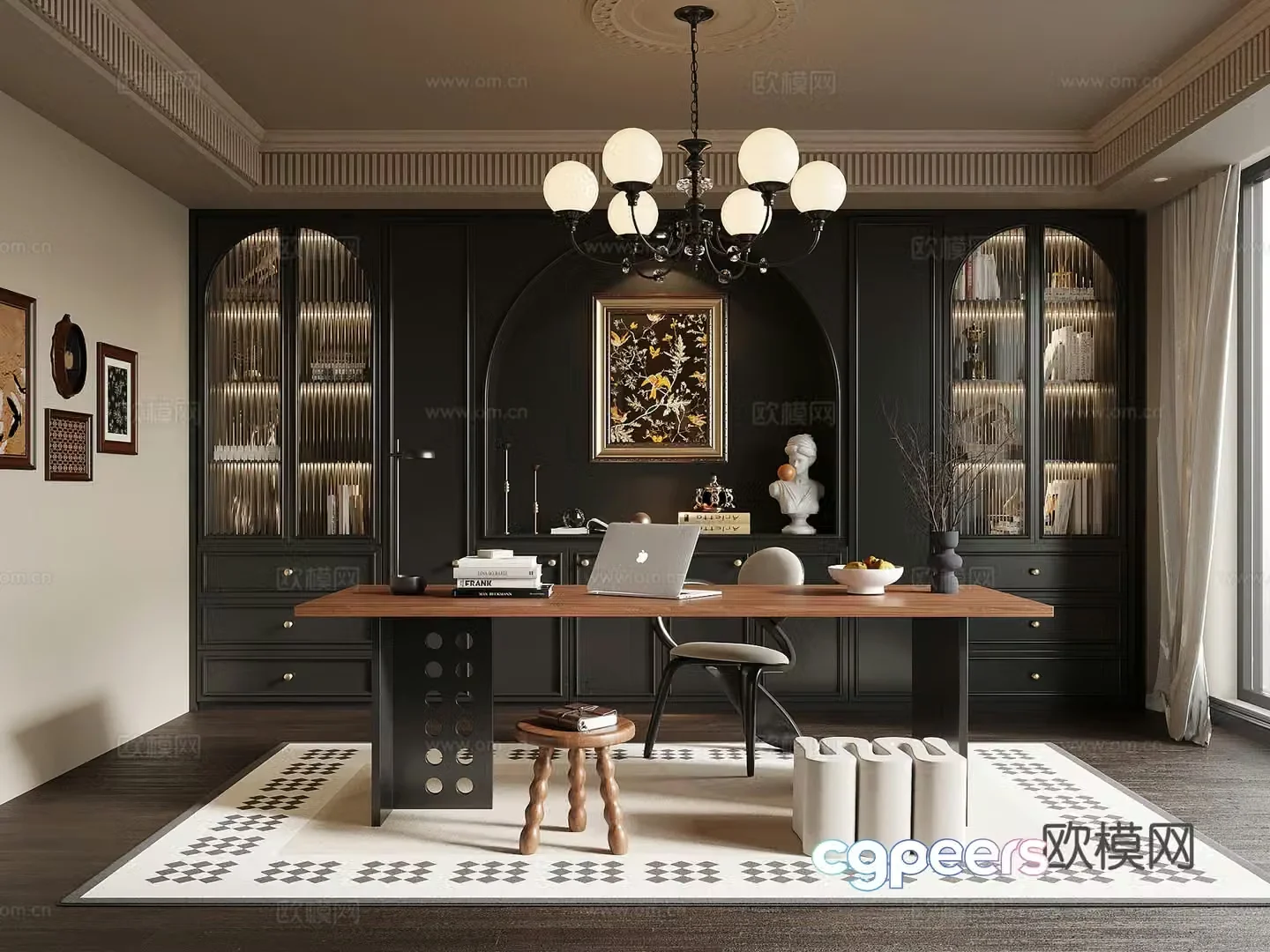 Study room French retro style study bookcase desk chair combination 3D model