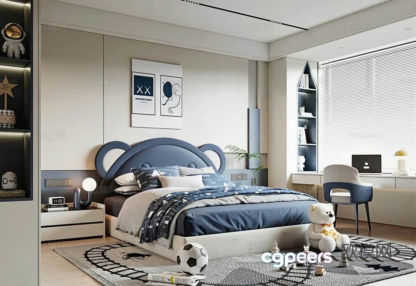 Modern universal children’s room boy’s room children’s bed bay window desk and chair bedside table wardrobe 3D model