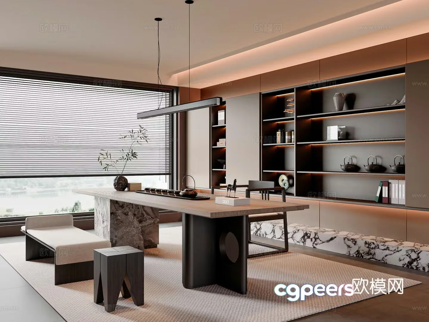 Modern new Chinese-style tea room tea room cabinet tea room accessories ornaments tea table and chair combination 3D model
