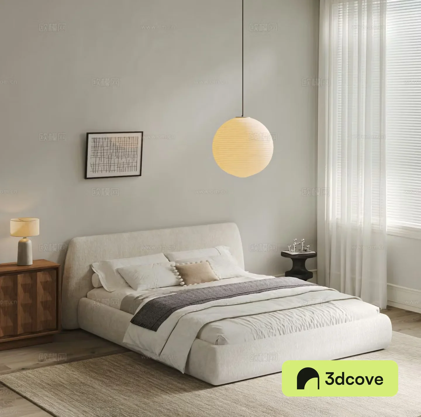 Modern cream style double bed bedroom fabric bedding chandeliers carpet nightstand