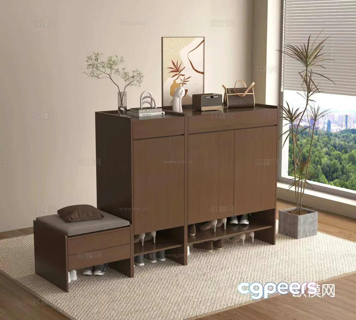 Shoe cabinet entrance cabinet floral vase ornament shoe replacement stool 3D model