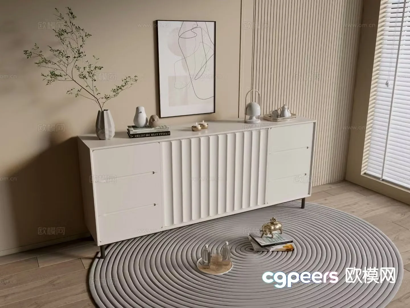 Cream style entrance cabinet side cabinet 3D model