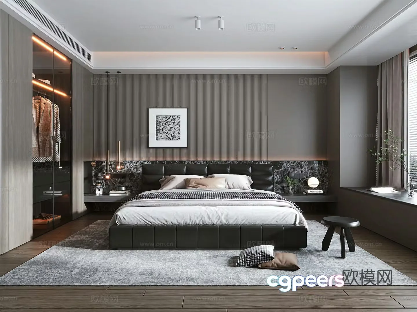Italian light luxury home bedroom Italian leather double bed glass wardrobe bedside chandeliers decorative painting 3D model