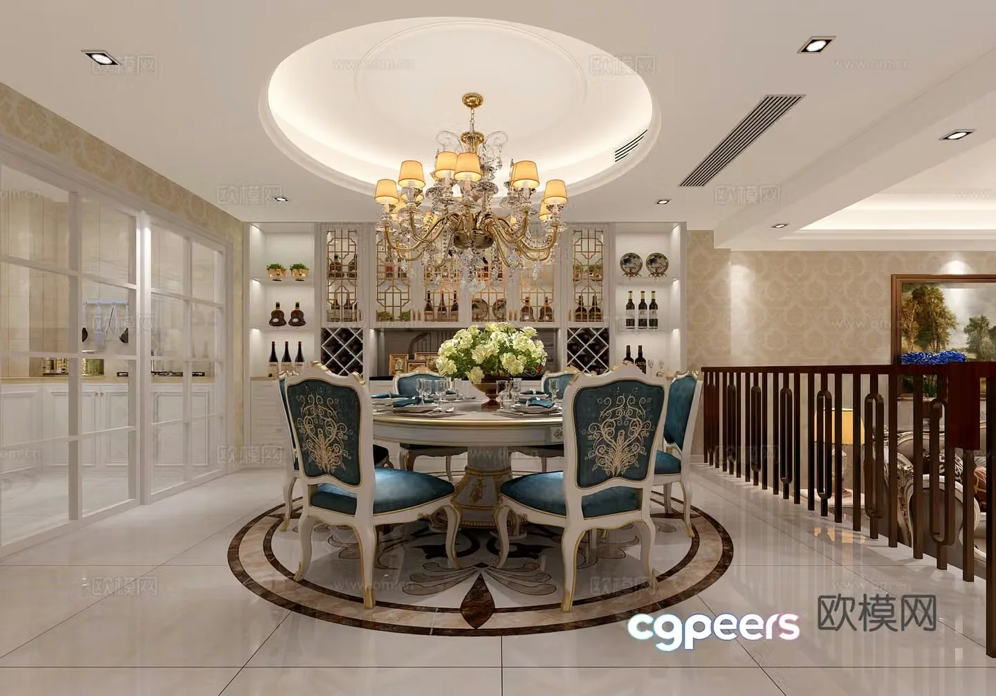 Luxury European style living and dining room sofa and coffee table chandeliers paintings TV cabinets ornaments dining tables and chairs 3D models