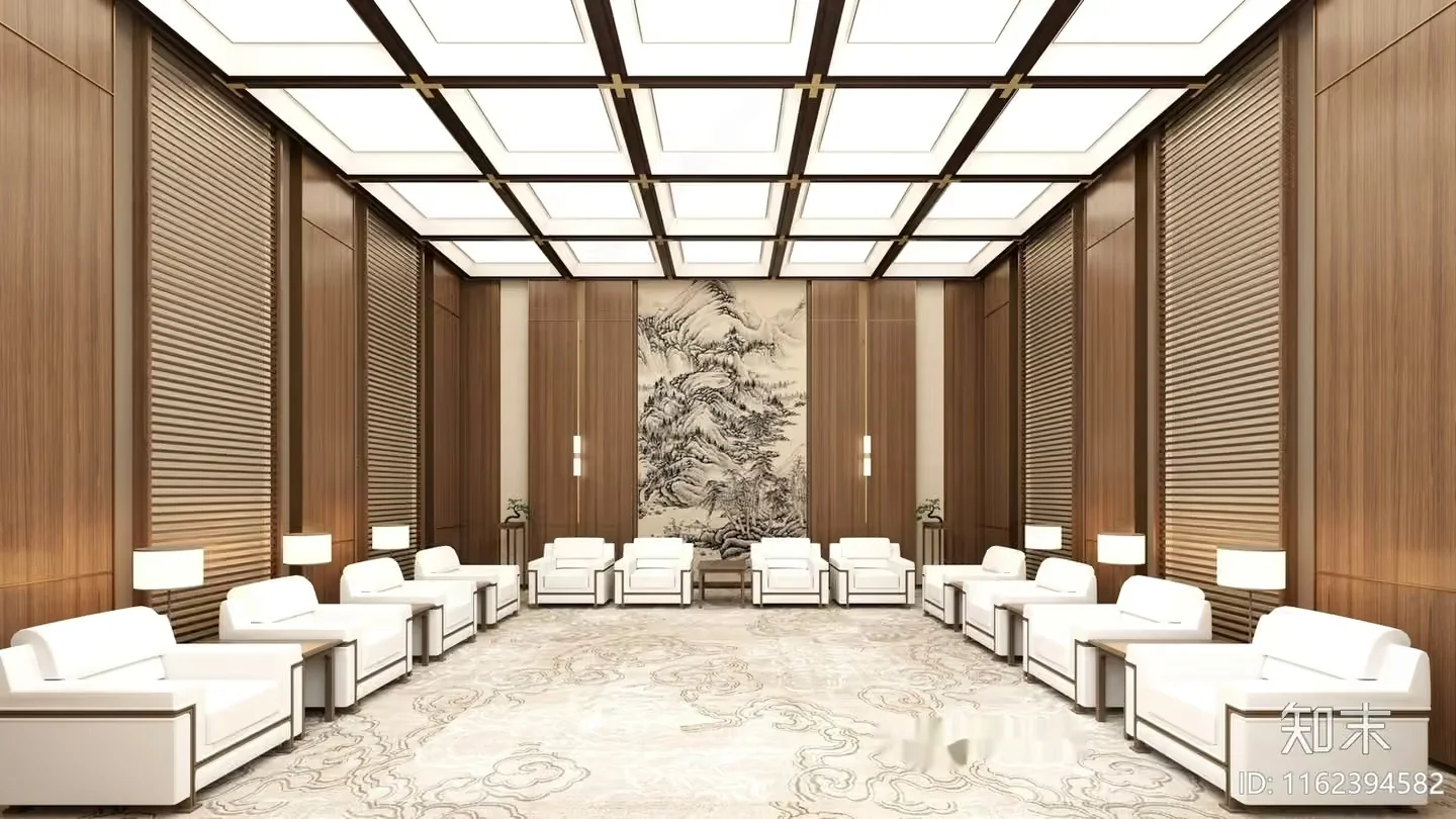 A Large Room With A High Ceiling Featuring A Patterned Rug And Several 3D Model – 16662 – CORONA Render