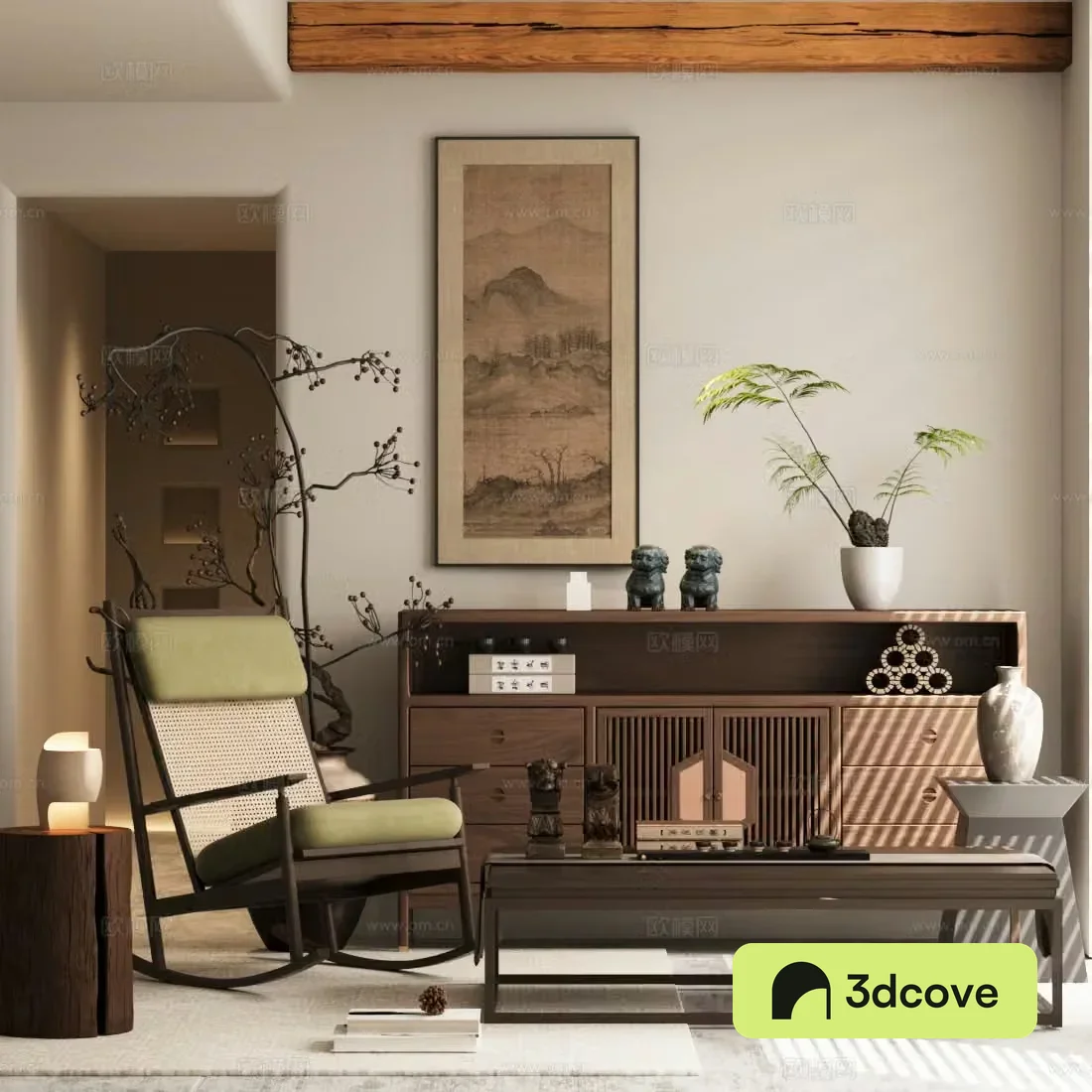 New Chinese style chest of drawers New Chinese style chest of drawers Rocking chair Solid wood coffee table Green plant potted
