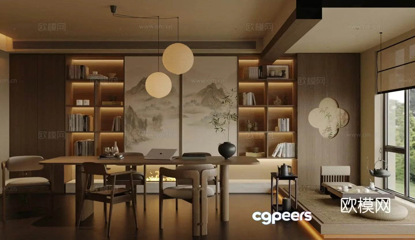 New Chinese-style Zen Tea Room Chinese-style Song-style Tea Room Balcony Tea Room Tea Tasting Area Song-style Aesthetic Tea Room 3D Model