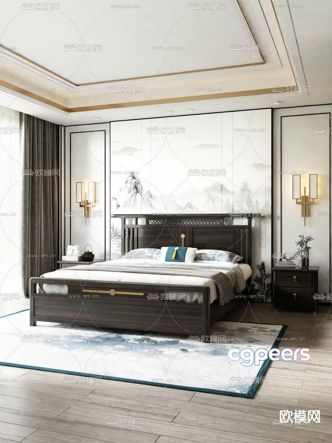 Chinese double bed 3d model