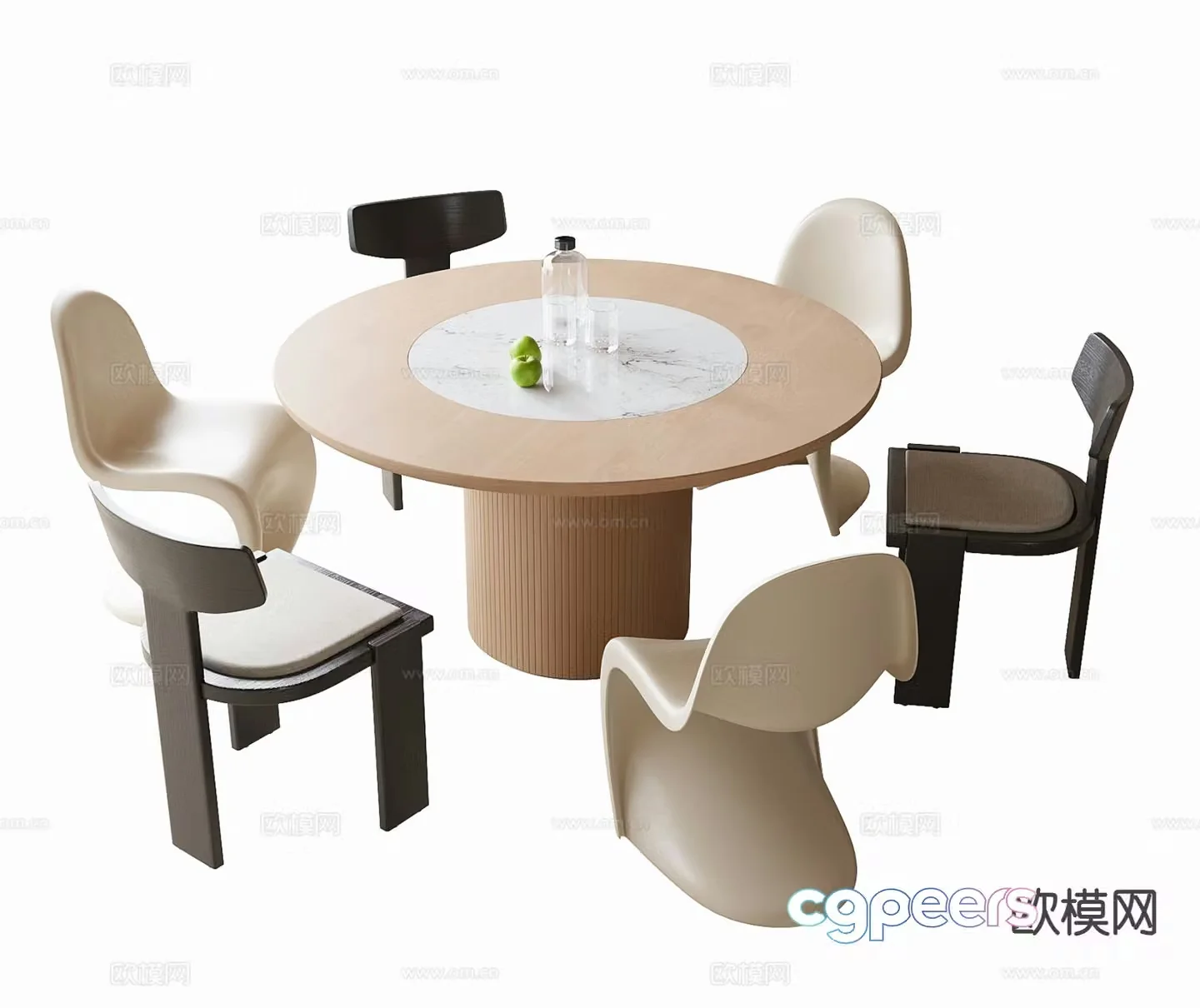 Round dining table and chairs solid wood dining table 3d model