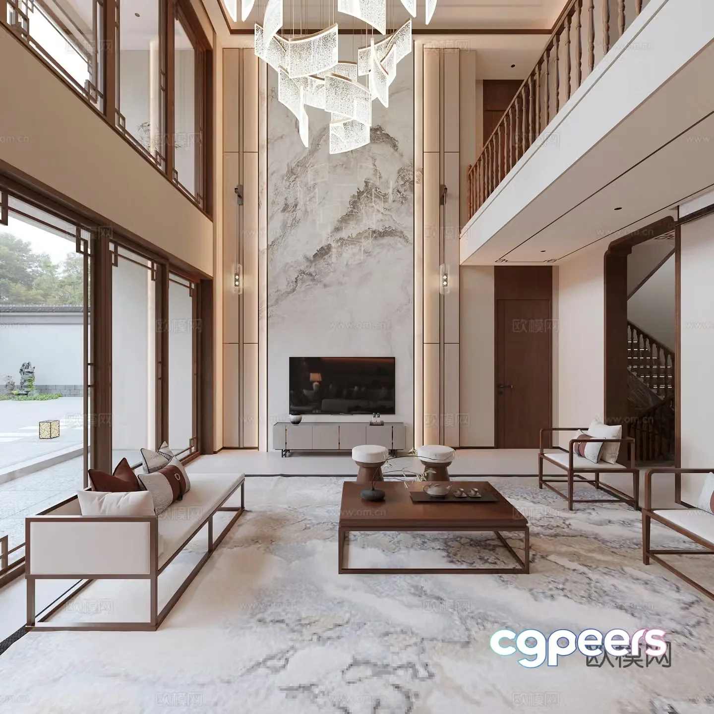 New Chinese style Song Family Villa Living Room Sofa Tea Table Combination Chinese style Doors and Windows Tea Room Background Chandelier Stair Handrail 3D Model