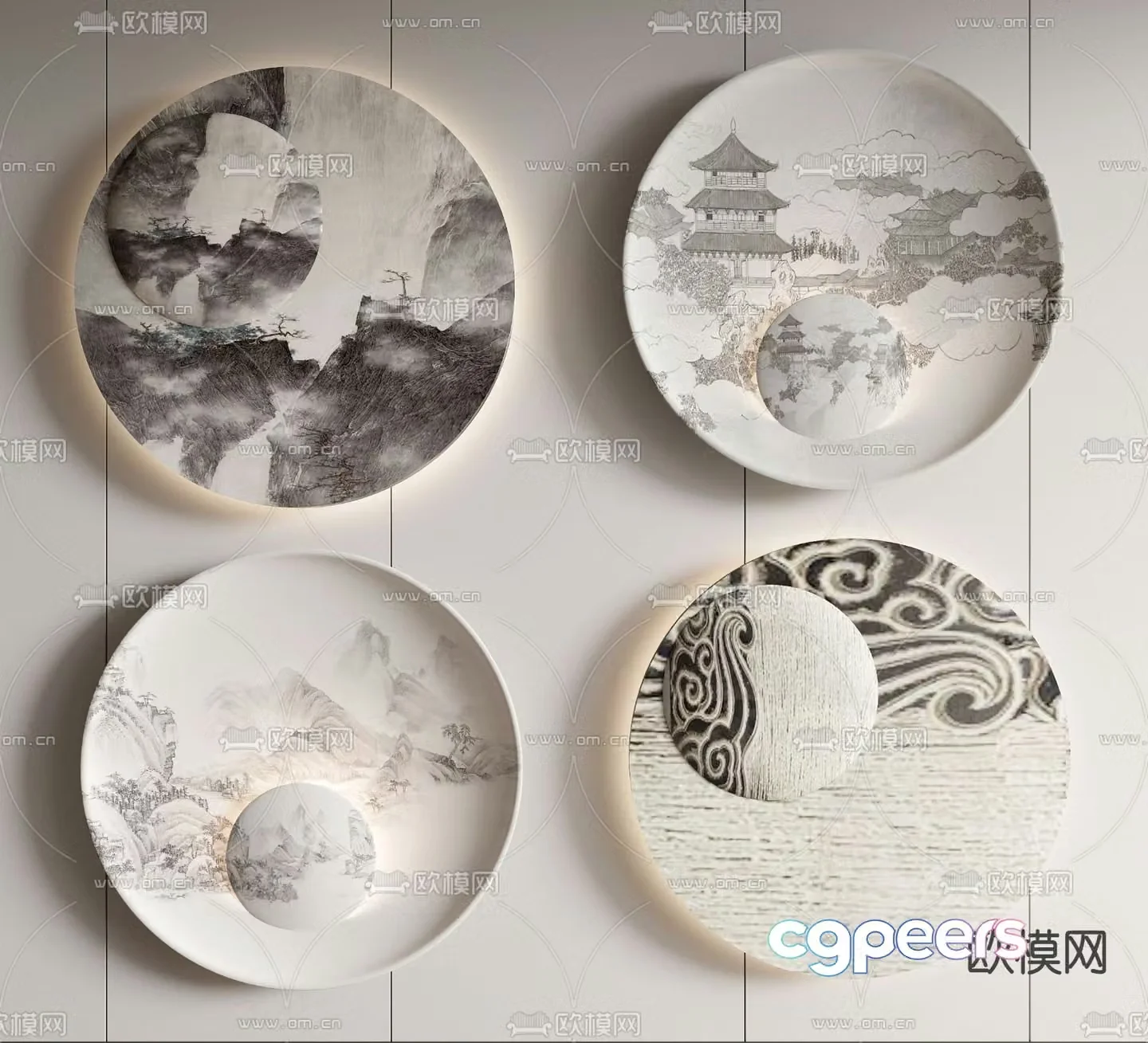 New Chinese style wall decoration circular wall decoration landscape wall decoration 3D model