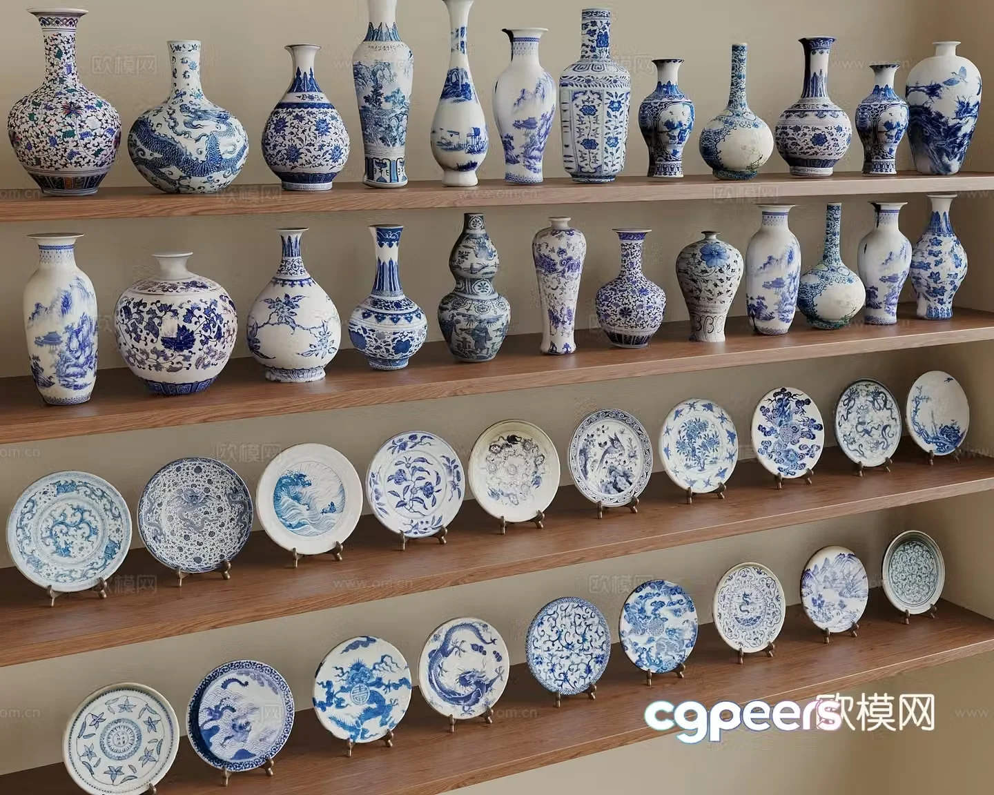 New Chinese style blue and white porcelain plate blue and white porcelain vase ceramic ware porcelain jar ornament 3D model