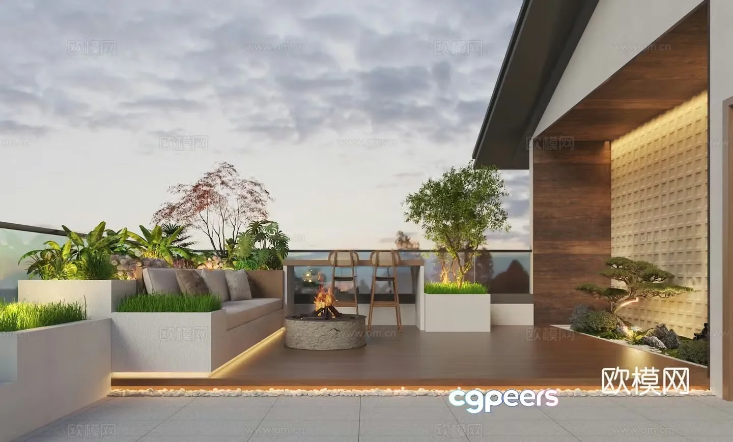 New Chinese Song style roof garden leisure balcony 3D model